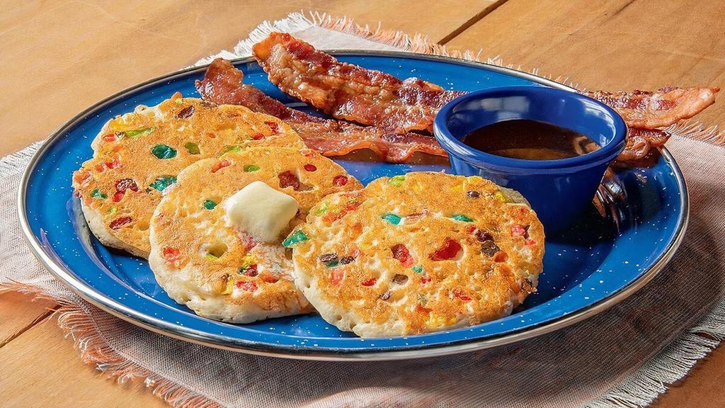 Mini Confetti Pancakes · Three mini pancakes filled with fruity cereal (350 cal) served with syrup n’ butter, plus a half order of bacon or sausage (50-140 cal). . Or enjoy our traditional Mini Buttermilk Pancakes (320 cal)..