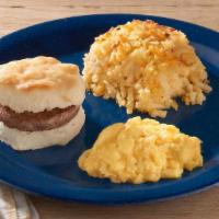 Biscuit Breakfast Sandwich · One biscuit sandwich with your choice of sausage or bacon, a scrambled egg, and a side of Ha...