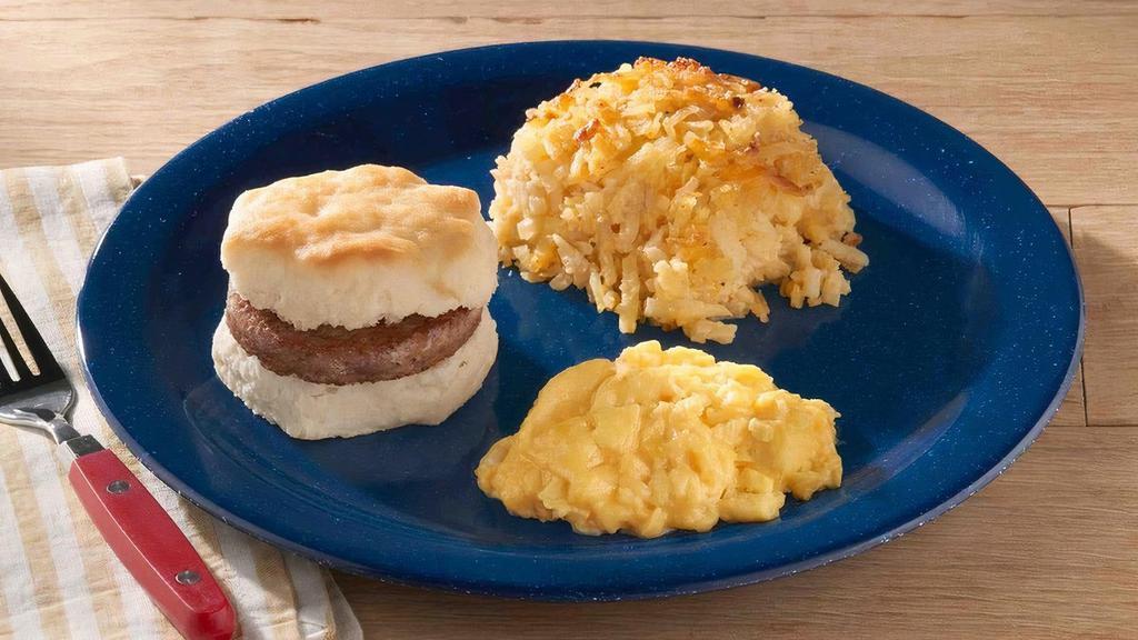Biscuit Breakfast Sandwich · One biscuit sandwich with your choice of sausage or bacon, a scrambled egg, and a side of Hashbrown Casserole.