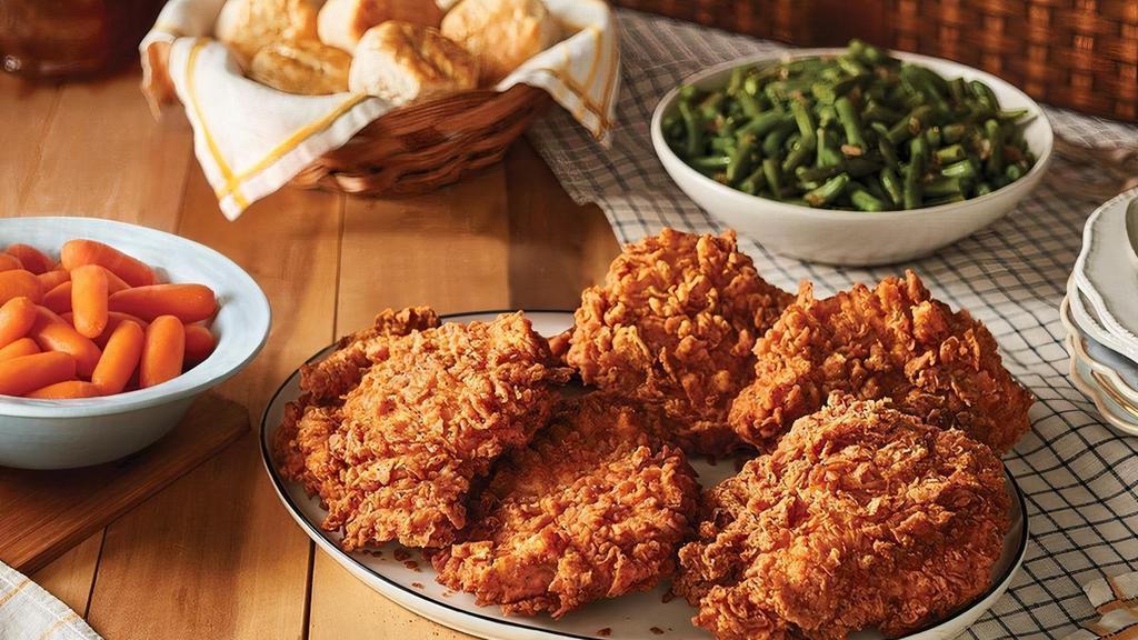 Sunday Homestyle Chicken® Family Meal Basket · Available every day, with boneless chicken breasts, hand-dipped in our special buttermilk batter and deliciously deep-fried. Our complete meal to-go includes five pieces of Sunday Homestyle Chicken® and Buttermilk Biscuits, plus your choice of two Country Sides..
