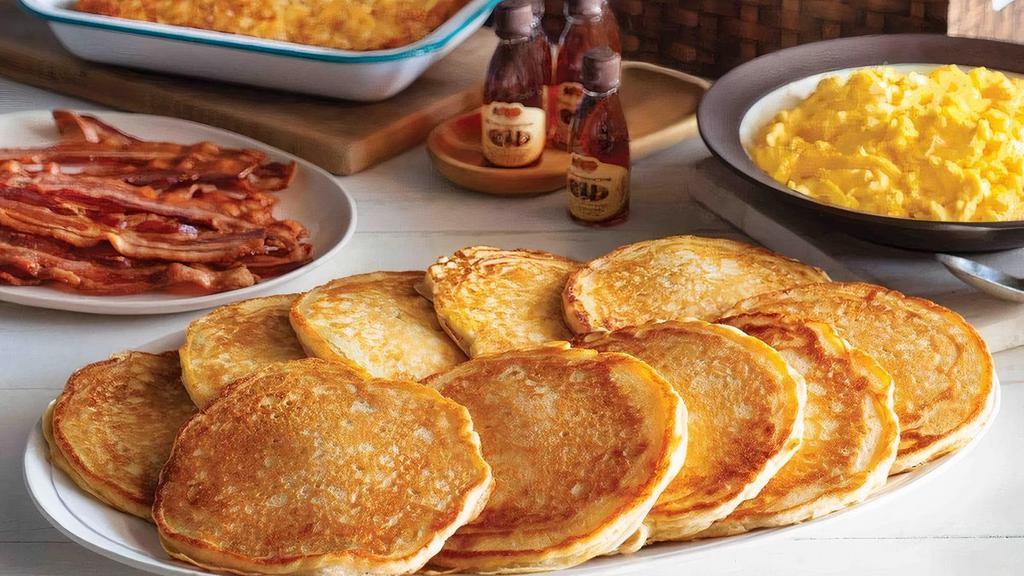 All-Day Pancake Breakfast Family Meal Basket · Enjoy your breakfast favorites packed hot and ready to share. Our complete meal to-go starts with Buttermilk Pancakes and Scrambled Eggs, plus your choice of Bacon or Sausage Patties  and Hashbrown Casserole or Fried Apples.
