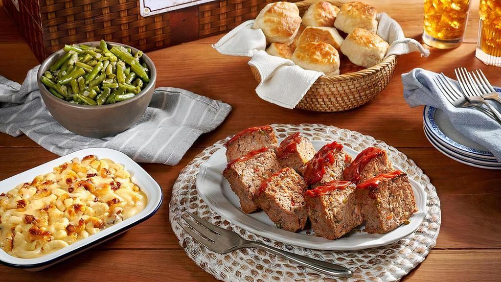 Scratch-Made Meatloaf Family Meal Basket · Feed the family with our special recipe Meatloaf made with tomatoes, onions and green peppers. Our complete meal to-go includes Meatloaf and Buttermilk Biscuits, plus your choice of two Country Sides..