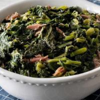 Turnip Greens  · Cooked Turnip Greens seasoned with country ham. Packed hot and ready to serve..