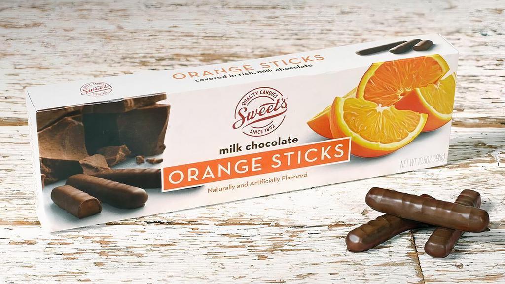 Milk Chocolate Orange Sticks · Citrusy and velvety describe this sweet treat. Enjoy orange jelly centers blanketed in milk chocolate. Each 10.5 oz box includes approximately 38 sticks for you to enjoy.
