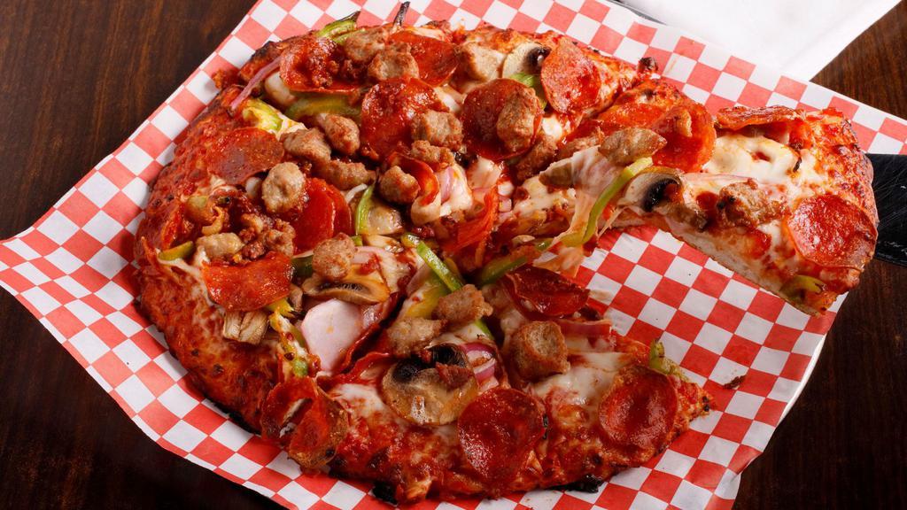 Savage Pizza-Medium · Red Sauce, Cheese, Pepperoni, Bacon, Sausage, Bell Pepper, Mushroom, and Onions