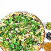 Vegan Curry Veggie-Large · Curry Sauce, Vegan Cheese, Onions, Tomatoes, Bell Peppers, Olives, Mushrooms, Jalapeños, and...