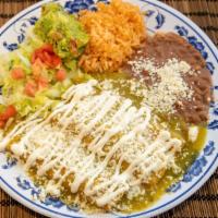 Enchiladas · Cheese, chicken, or beef enchiladas covered in red, green, or mole sauce