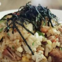 Pork Chashu Fried Rice. · Pork Chashu, Rice, Egg, Mixed Veggies, Sesame Seeds, and grilled Baby Bok Choy with Fried Ch...