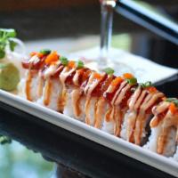 Iron Point Roll · With tempura shrimp, avocado, Ahi tuna, tobiko, and cucumber, garnished with spicy miso and ...