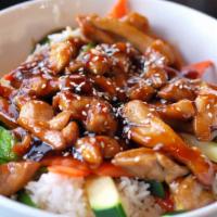 Teriyaki Chicken Pot · Diced chicken thigh with carrots, snap peas, zucchini in teriyaki sauce over steamed rice