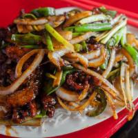 Mongolian Beef · With onions, green and red bell peppers and mushrooms.  Recipe includes wheat, soy, shellfis...