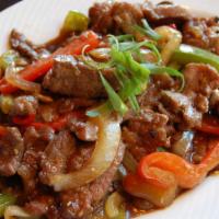 Canton Beef · With onions, green and red bell peppers and mushrooms.  Recipe includes wheat, soy, shellfis...