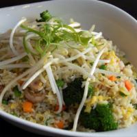 Shrimp Fried Rice · With egg and shrimp garnished with bean sprouts.  Recipe includes eggs, wheat, soy and shell...
