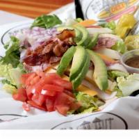 Chef Salad · Ham, turkey, salami, bacon, Jack cheese, cheddar, avocado, onions, tomatoes & pepperoncinis ...