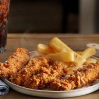 Hand-Breaded Fried Chicken Tenders Box · Four tenders breaded by hand, fried until crispy, and served with your with choice of dippin...