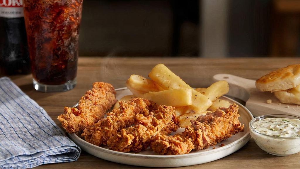 Hand-Breaded Fried Chicken Tenders Box · Four tenders breaded by hand, fried until crispy, and served with your with choice of dipping sauce. Comes with one side, and a hand rolled Buttermilk Biscuit.  .