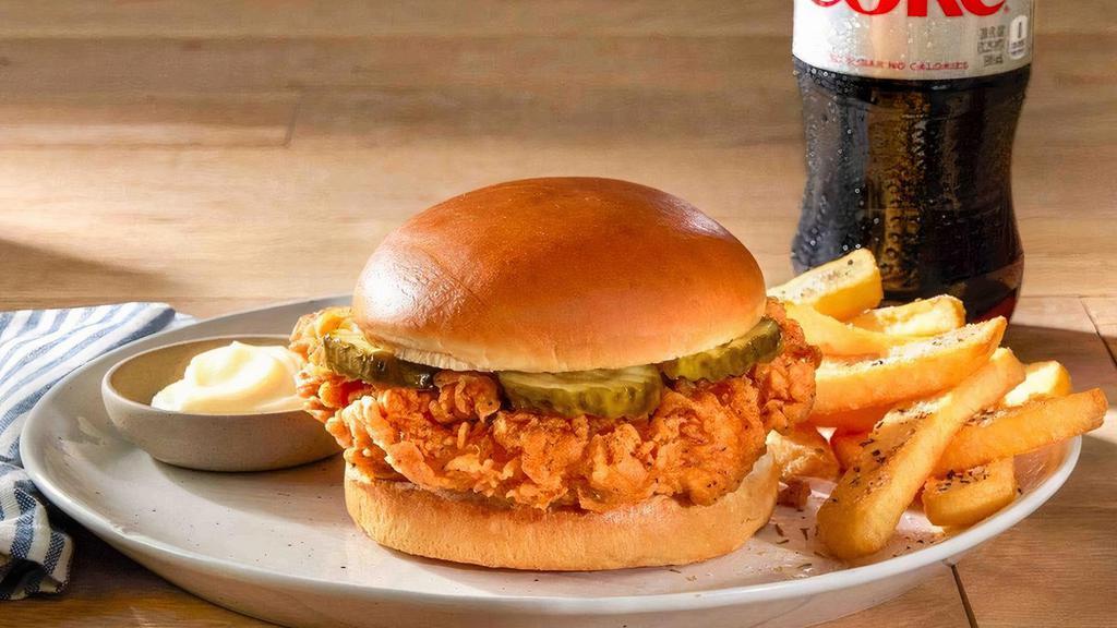 Homestyle Chicken Sandwich Combo · Our hand-breaded Homestyle Fried Chicken on a brioche bun with pickles. Comes with fries and packets of Duke's Mayonnaise. Includes your choice of 20 oz bottled beverage.