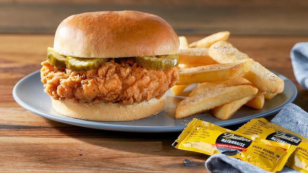 Homestyle Chicken Sandwich · Our hand-breaded Homestyle Fried Chicken on a brioche bun with pickles. Served with fries and packets of Duke’s Mayonnaise.