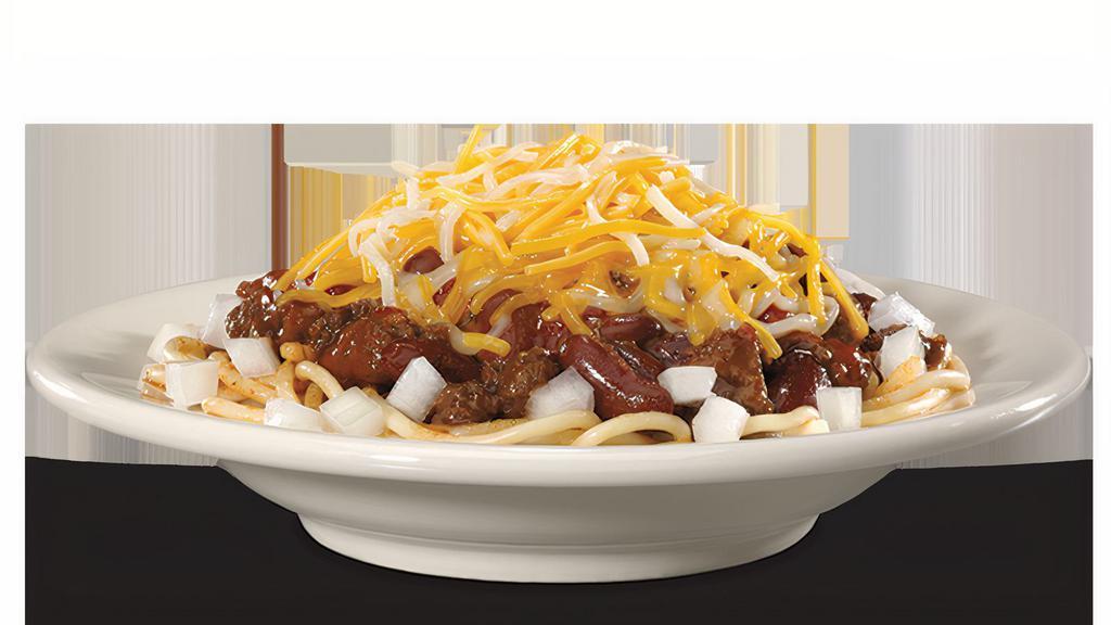 Chili 5-Way · Spaghetti loaded up with chili, extra chili beef, our special chili sauce, diced onions and shredded Cheddar ’n jack cheese.