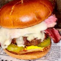 Pomona Burger · 8 oz Angus beef patty and sliced pastrami with swiss cheese, pickles, mustard, on brioche bun