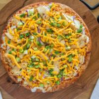 Classic Chicken Garlic · Garlic sauce, mozzarella cheese, chicken, red onions, green onions, cheddar cheese.