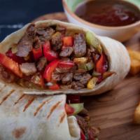 Steak Wrap · Tender steak, jack cheese, guacamole, red onions, and romaine lettuce folded into wrap of ch...
