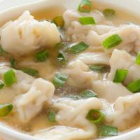 Pork Wonton Soup (8) · Pork wonton, baby bok choy, green onion, cilantro, seaweed, sesame oil.