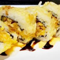 Crunchy Roll (8) · Shrimp tempura, cucumber, outside with furikake and crispy tempura flakes, served with spicy...