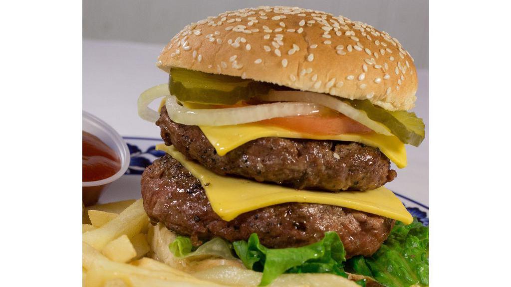 Double Cheese Burger · Double Beaf Patty, Lettuce,Thousand Island, Mayo, American Cheese, Pickle, Onions, Tomatoes,