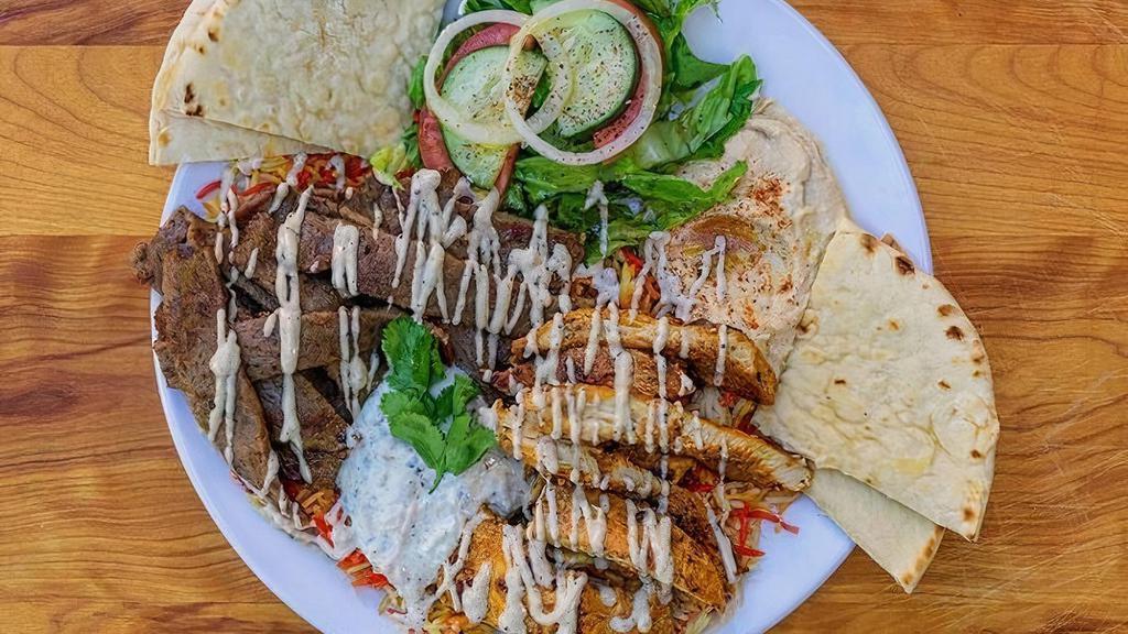 Combo Platter · Grilled Chicken, Gyro, Rice, Salad, Hummus, Pita, Tzatziki Sauce, Tahini Sauce