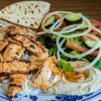 Chicken Platter · Chicken, salad, rice,tahini, tzatziki, hummus, pita bread.