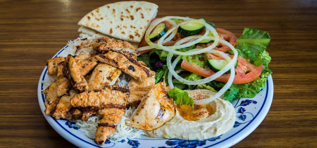 Chicken Platter · Grilled Chicken, Rice, Salad, Hummus, Pita, Tzatziki Sauce, Tahini Sauce