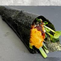 Hand Roll Shrimp Temp Hand · Avocado, cucumber, shrimp tempura, crab, and sweet soy.