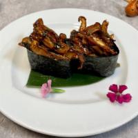 Shiitake Mushroom (2 Pcs) · Shitake mushrooms tossed in sweet soy, sesame seeds, and green onion.