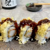Crunchy Roll · Shrimp tempura, and crab. Top-crunchies, and sweet soy. Top-avocado and sweet soy.