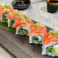 Wasabi Roll · Cream cheese, avocado, tempura asparagus, Top: Red tuna, wasabi relish, and green onions
