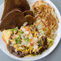 Mexican Omelette Combo · Omelette with chili, cheese,  onions, tomatoes and served with our house green salsa. Comes ...