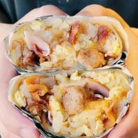 Meaty Burrito · Ham, bacon, and sausage, with eggs, hash browns, and cheese included inside.

NOTE: Only ava...