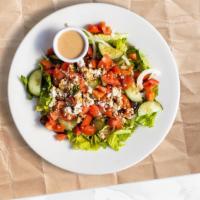 Great Greek Salad · (Vegetarian) Romaine lettuce, cucumbers, tomatoes, red onions, olives, and feta cheese tosse...