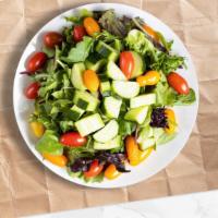 Fresh Garden Salad · Fresh green lettuce mix, tomatoes, black olives, red onions, bell peppers, and shredded mozz...