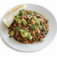 Spicy Vegan Tex Mex Tofu Hash · Tofu, black beans, onion, chipotle, cilantro, grilled potatoes, tomatoes, pico de gallo, avo...