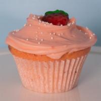 Strawberry / Cream Cheese · Strawberry cake, with strawberry cream cheese frosting and topped with a strawberry gummy.