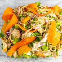 Chinese Chicken Salad · Romaine, crispy chow mein noodles, almonds, Mandarin oranges, shell pasta, green onion, Asia...