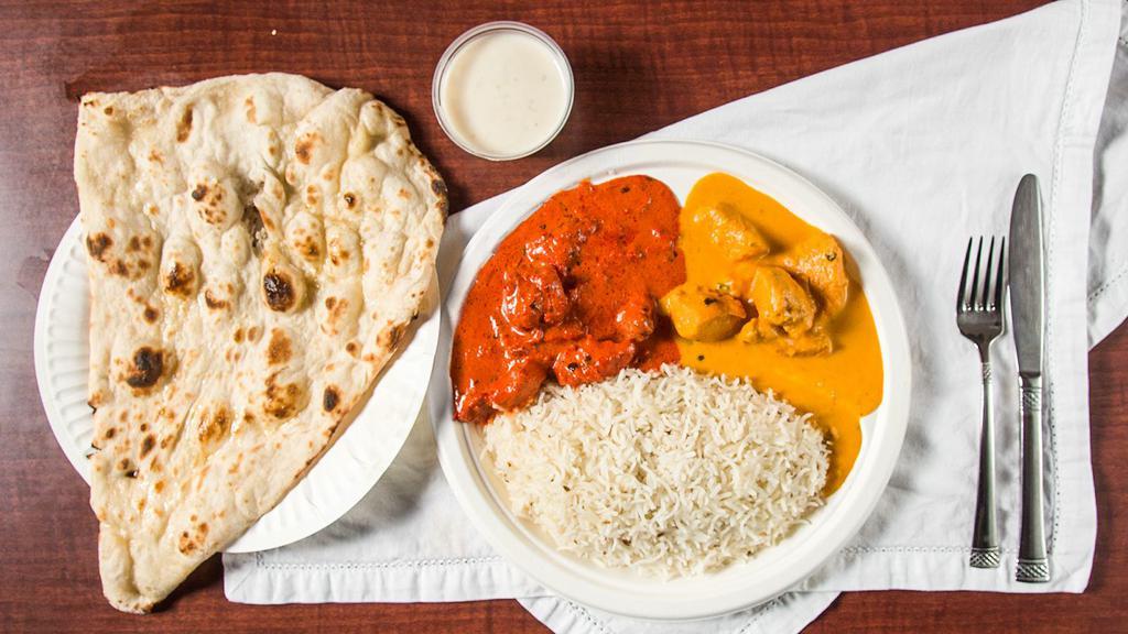 Combo 4 · Rice, choice of two meat curries, naan, Side of Kheer (Dessert) or Raita (Yogurt sauce)

**A GBll combinations come in 3 compartment box.