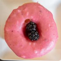 Blackberry & Raspberry · Vegan. Raspberry vegan glazed donut topped with a farmers market fresh blackberry.