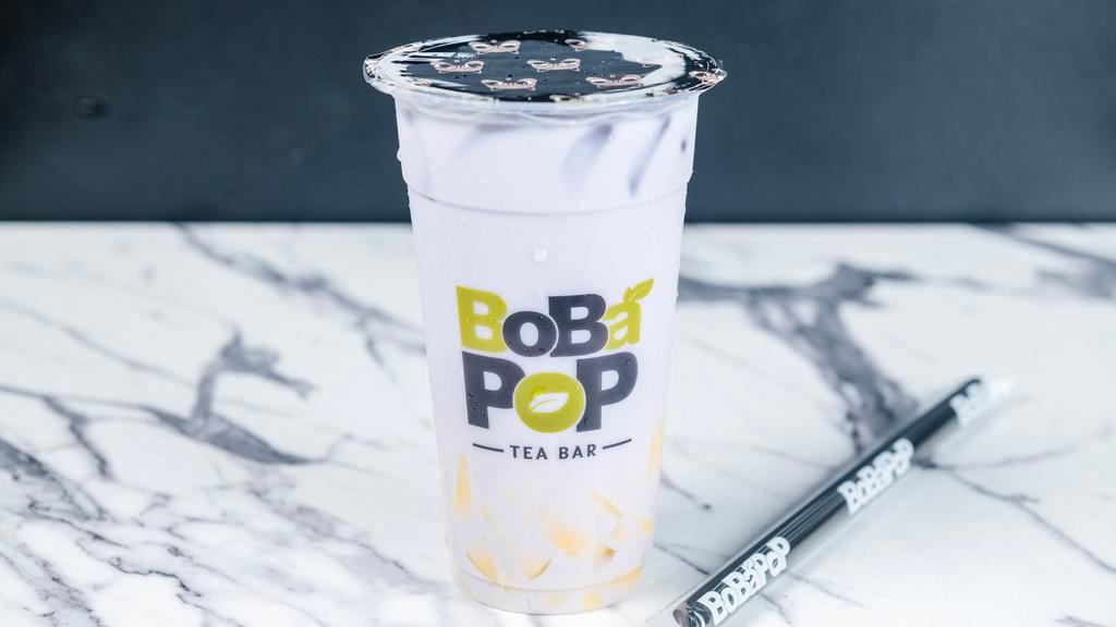 Hot Taro Milk Tea · Caffeine free.