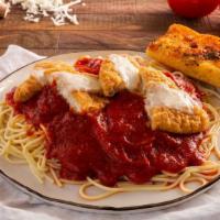 Chicken Parmigiana With Spaghetti · Chicken patty with marinara sauce & oven baked with Mozzarella.