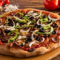 Deluxe Pizza · Pepperoni, sausage, meatballs, mushrooms, green peppers, onions & black olives.