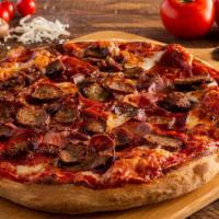 Meat Lovers · Mozzarella, pepperoni, ham, ameci meatballs, canadian bacon and Italian sausage.
