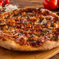 Bbq Chicken Pizza · BBQ sauce, chicken breast, mozzarella, red onion and cilantro.